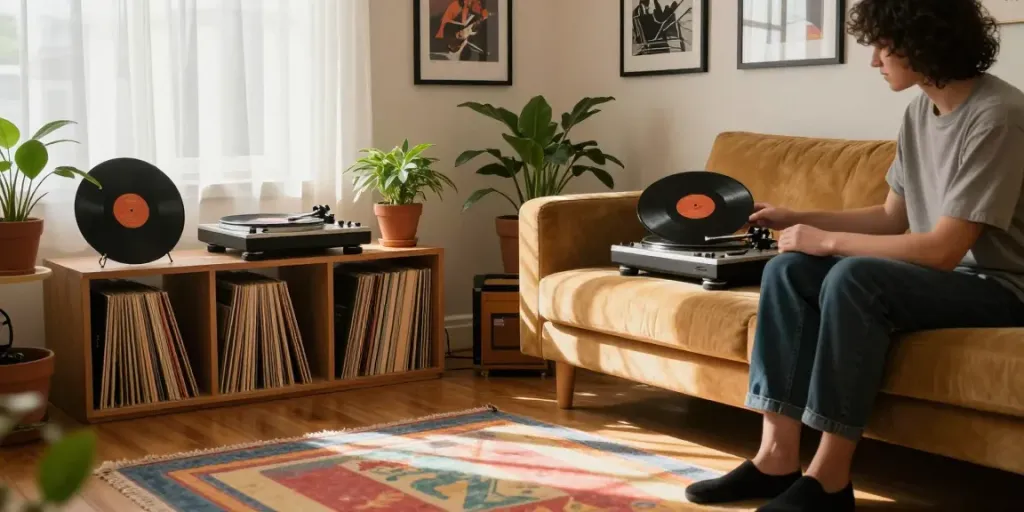 Person placing a record on the turntable, showcasing the original source of musical nostalgia.