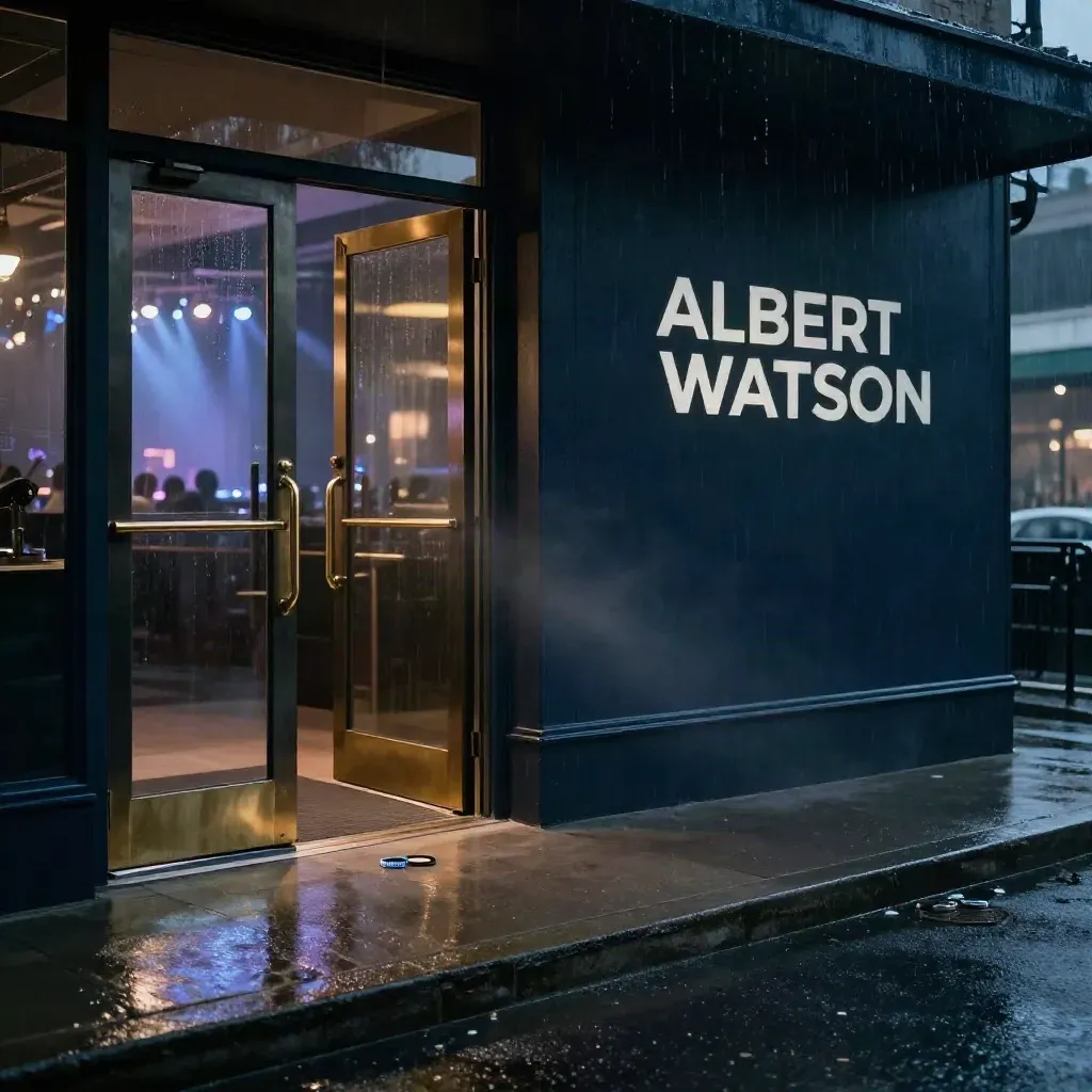 Rainy live-music venue entrance glowing open at night with wet pavement and brass turnstile
