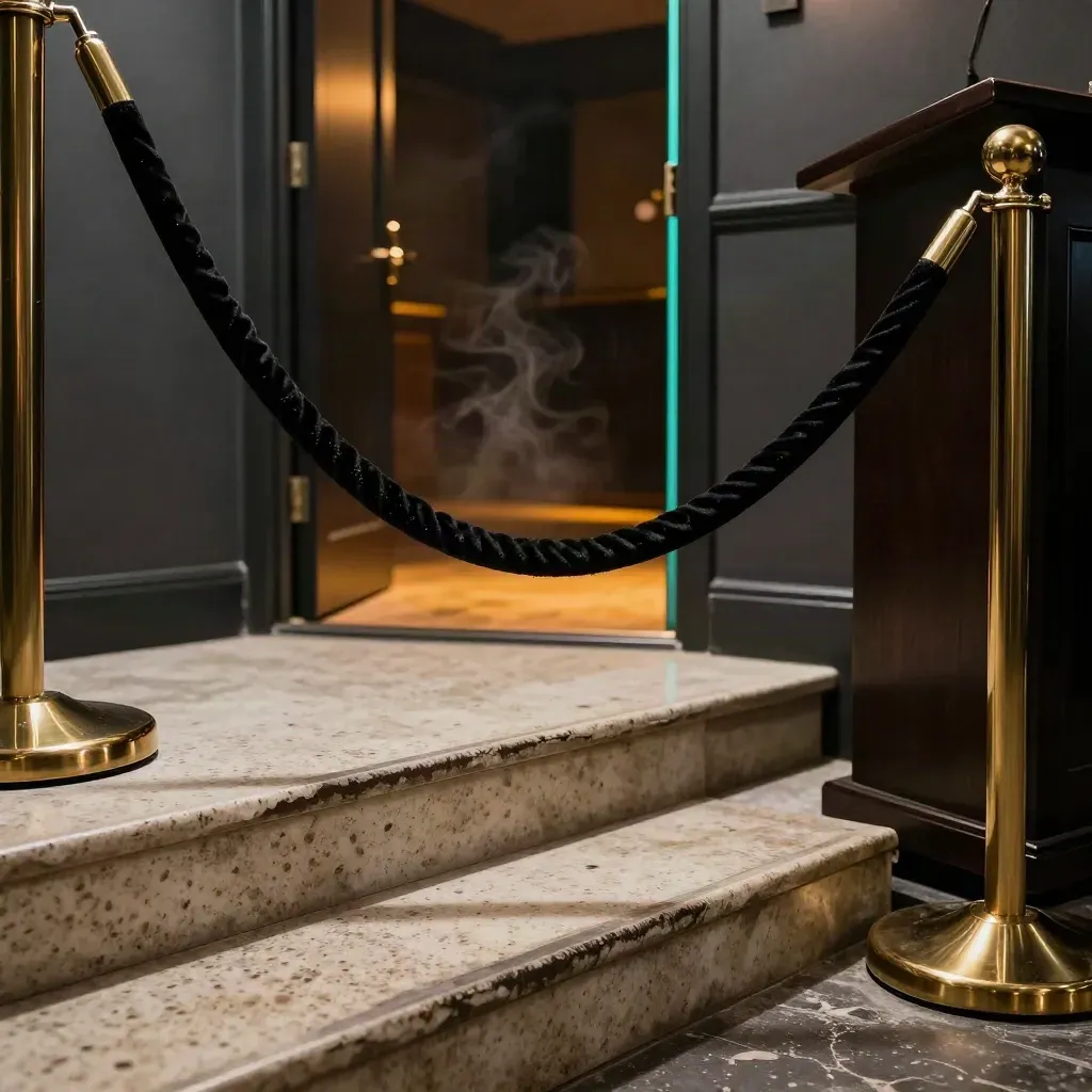 Velvet rope, brass podium silhouette and amber basement club stairs glowing through smoke haze.
