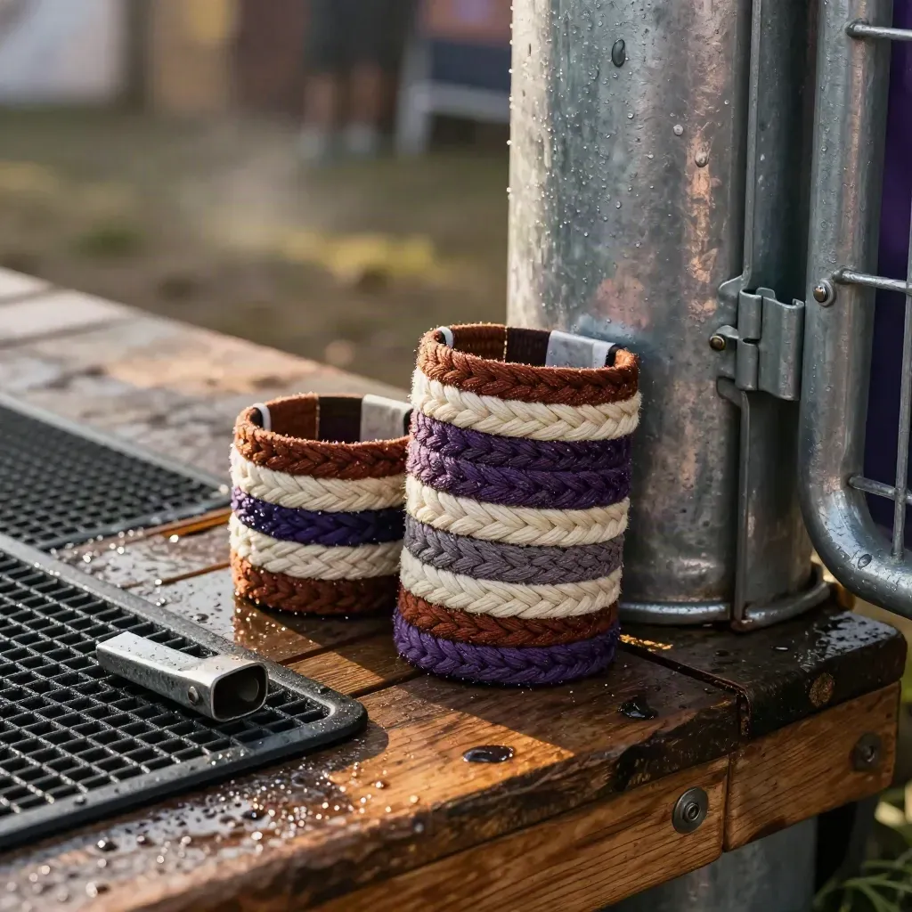 Woven festival wristbands beside a rain-speckled barrier post and mat at an open-air gate.
