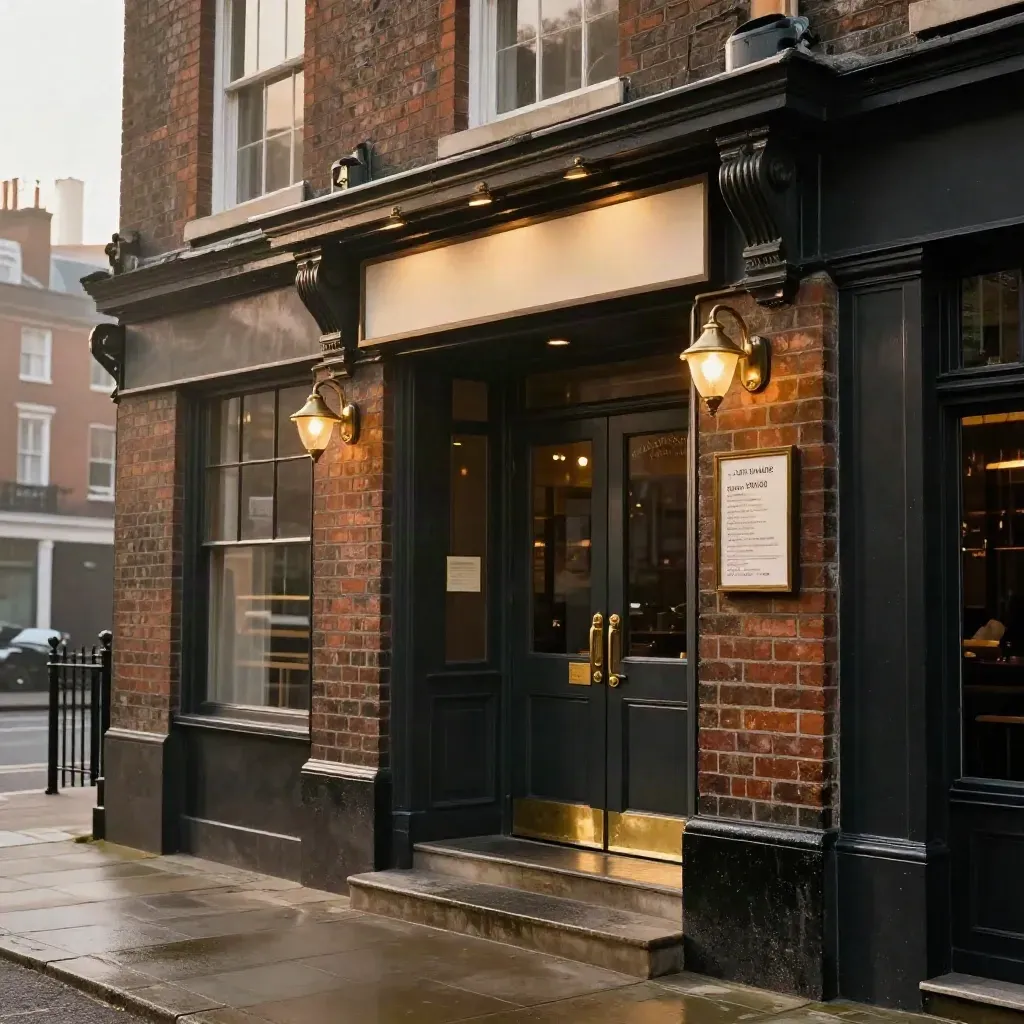 Brass-lit venue facade with blank sign mount and rain-soft pavement at dusk.