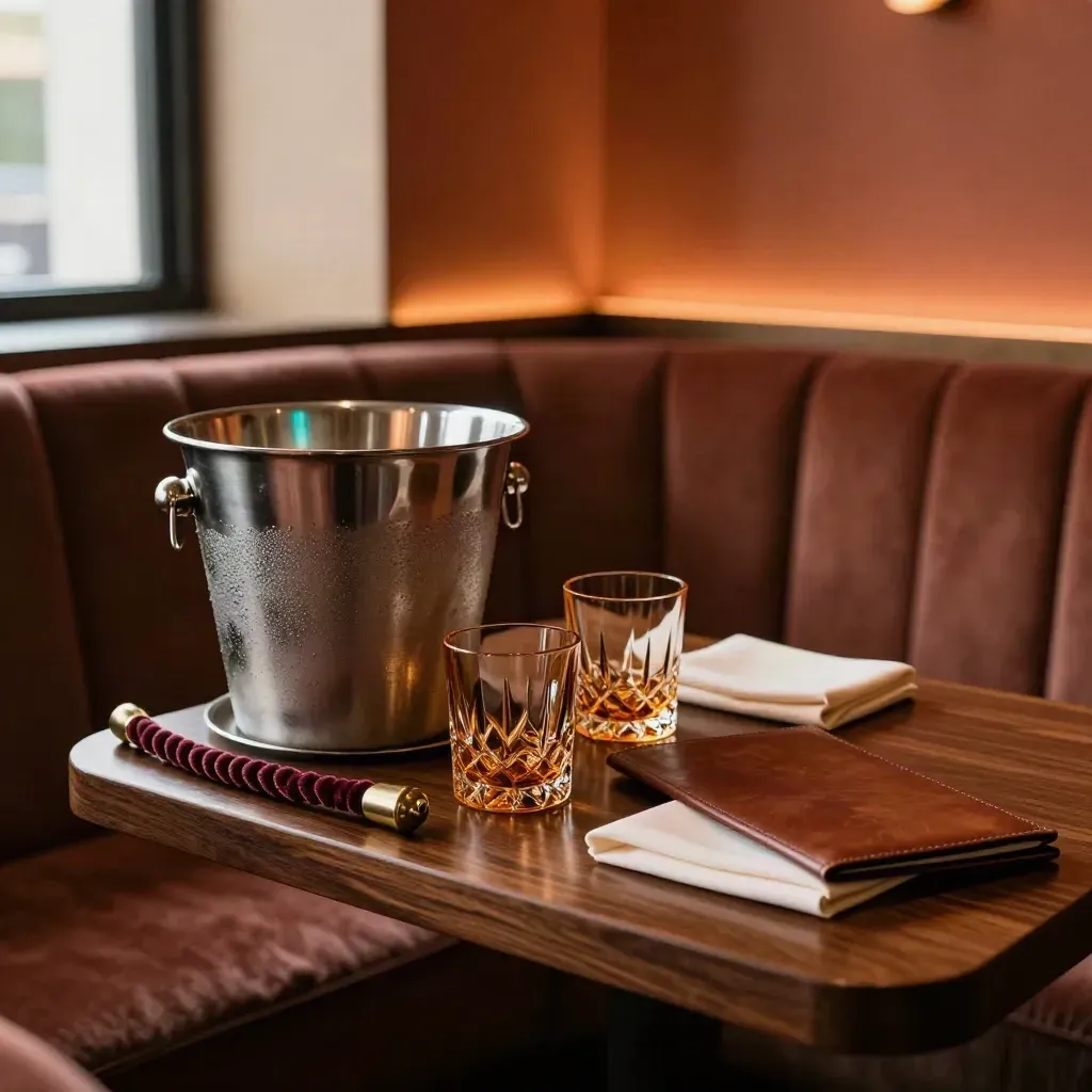 VIP booth laid before doors with champagne bucket, amber glassware, and velvet rope details.