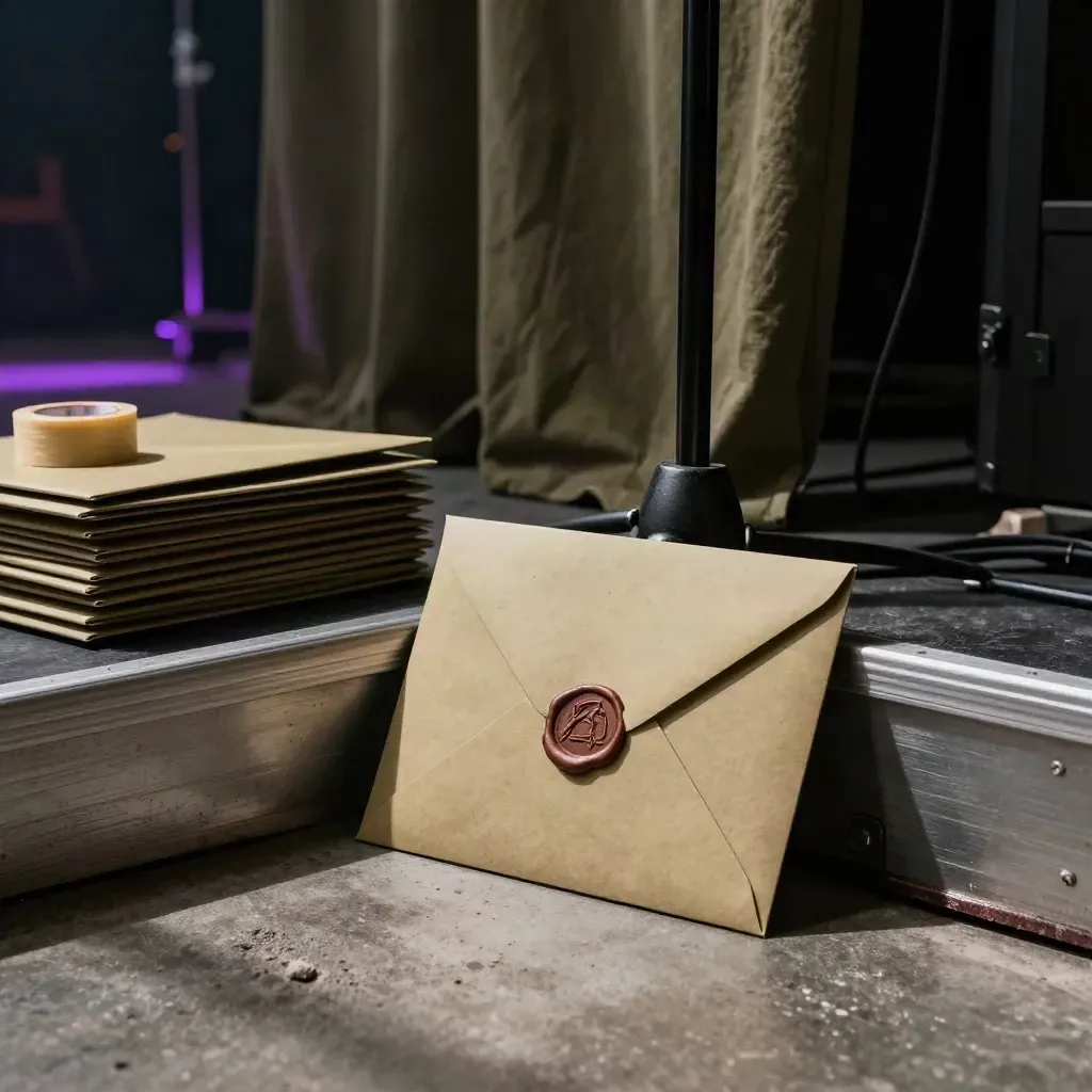 Backstage promo envelope beside mic-stand shadow, uplights and stage flats in haze.