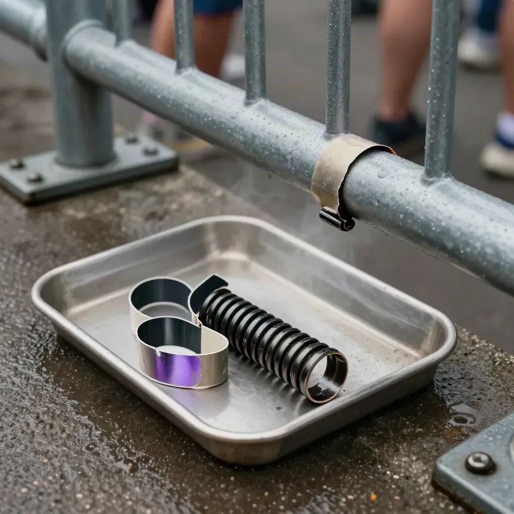 Rain-speckled barrier, depleted wristband tray, and one last pass coil