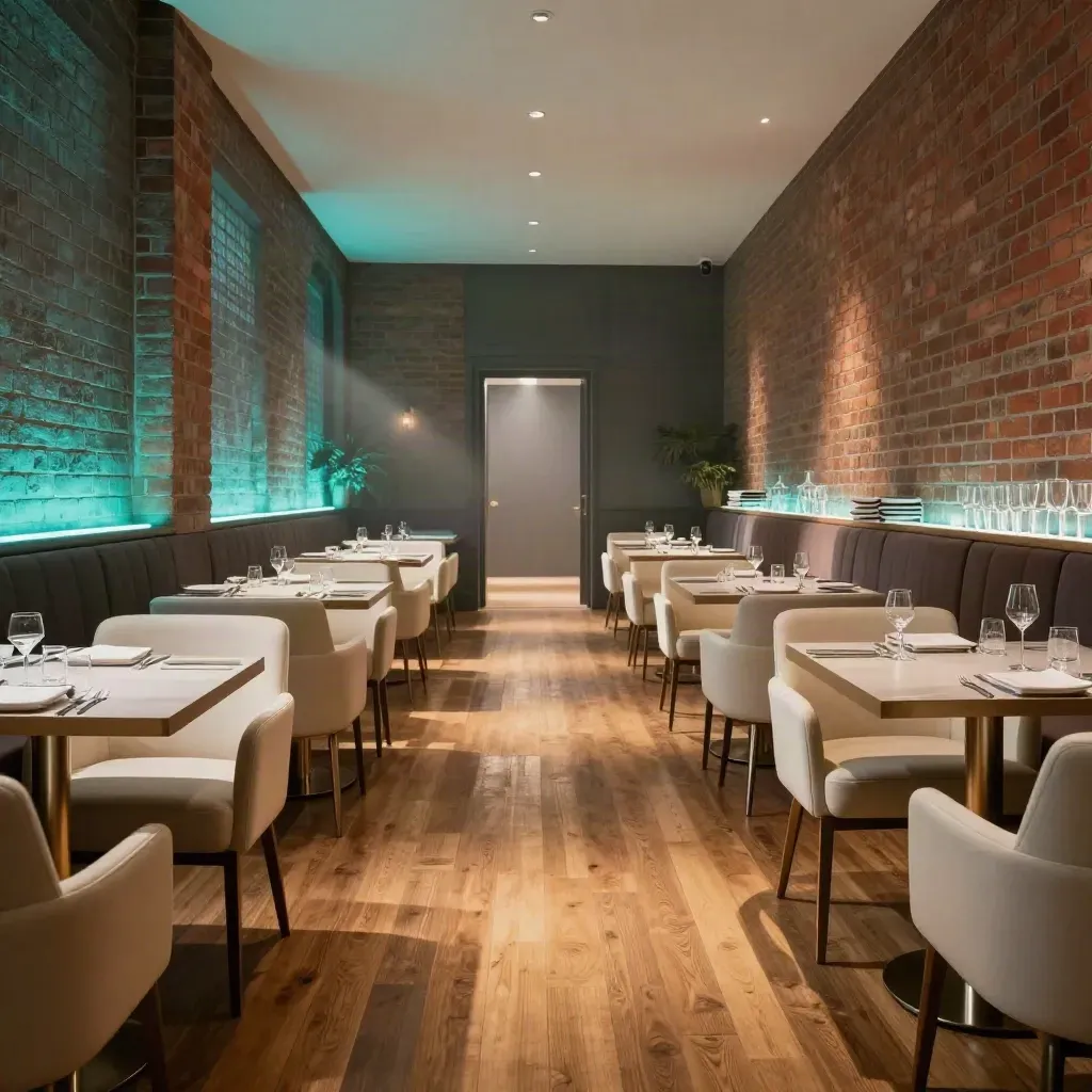 Empty private-hire room with cream chairs, folded tables, brick wall uplights and warm haze.
