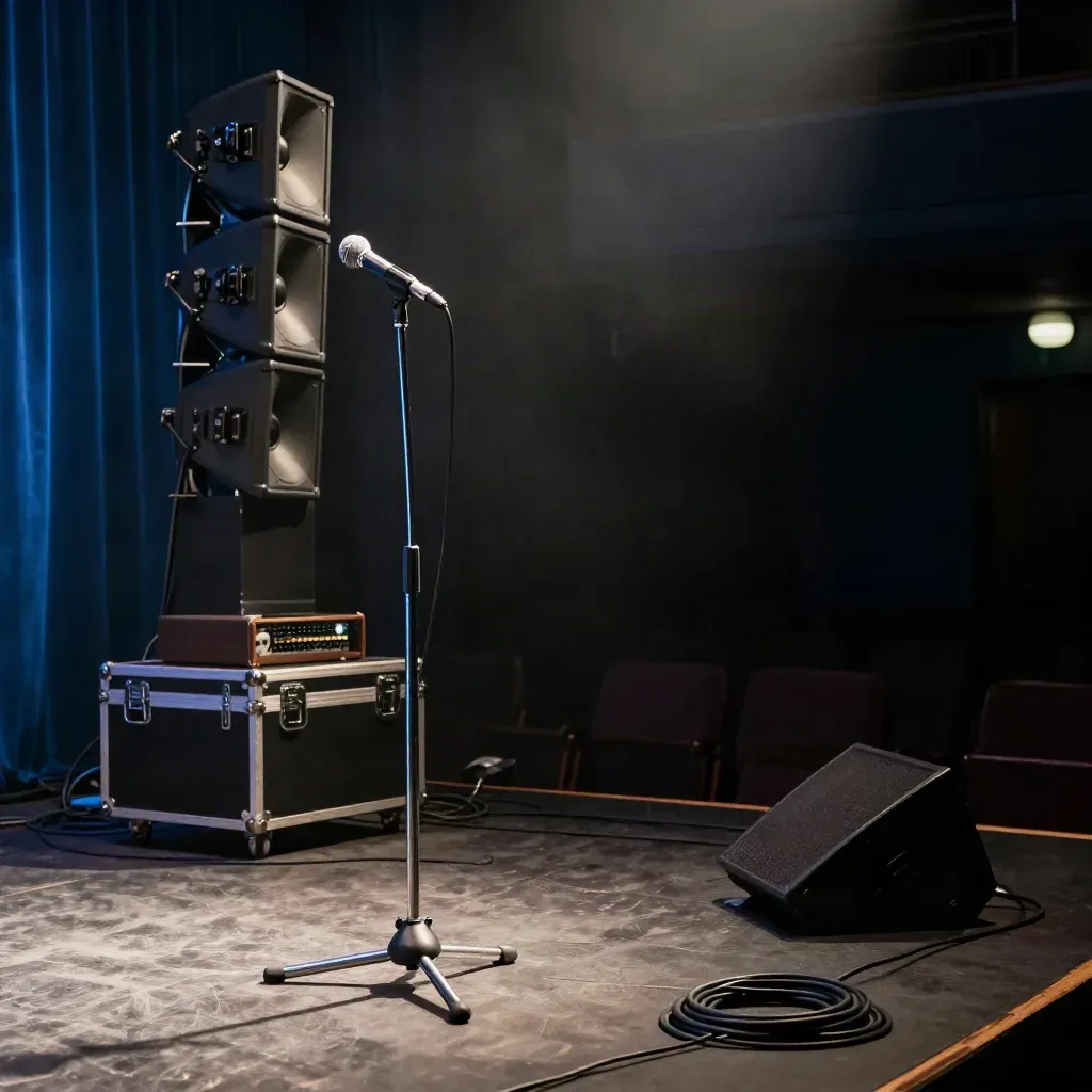 Empty live-music stage with mic stand, monitors, and glowing side light in blue haze.