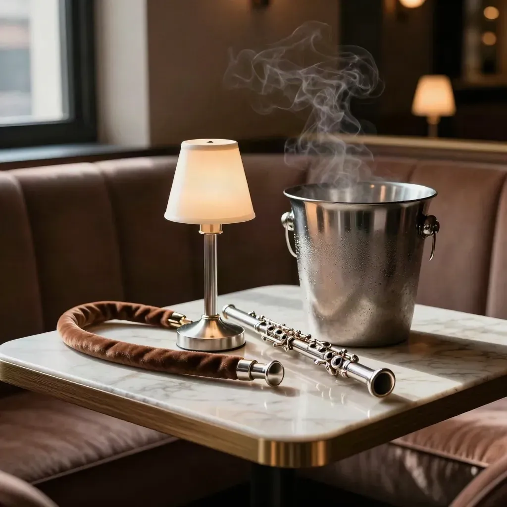 VIP lounge table with lamps, velvet ropes, ice bucket and flute in warm window light.