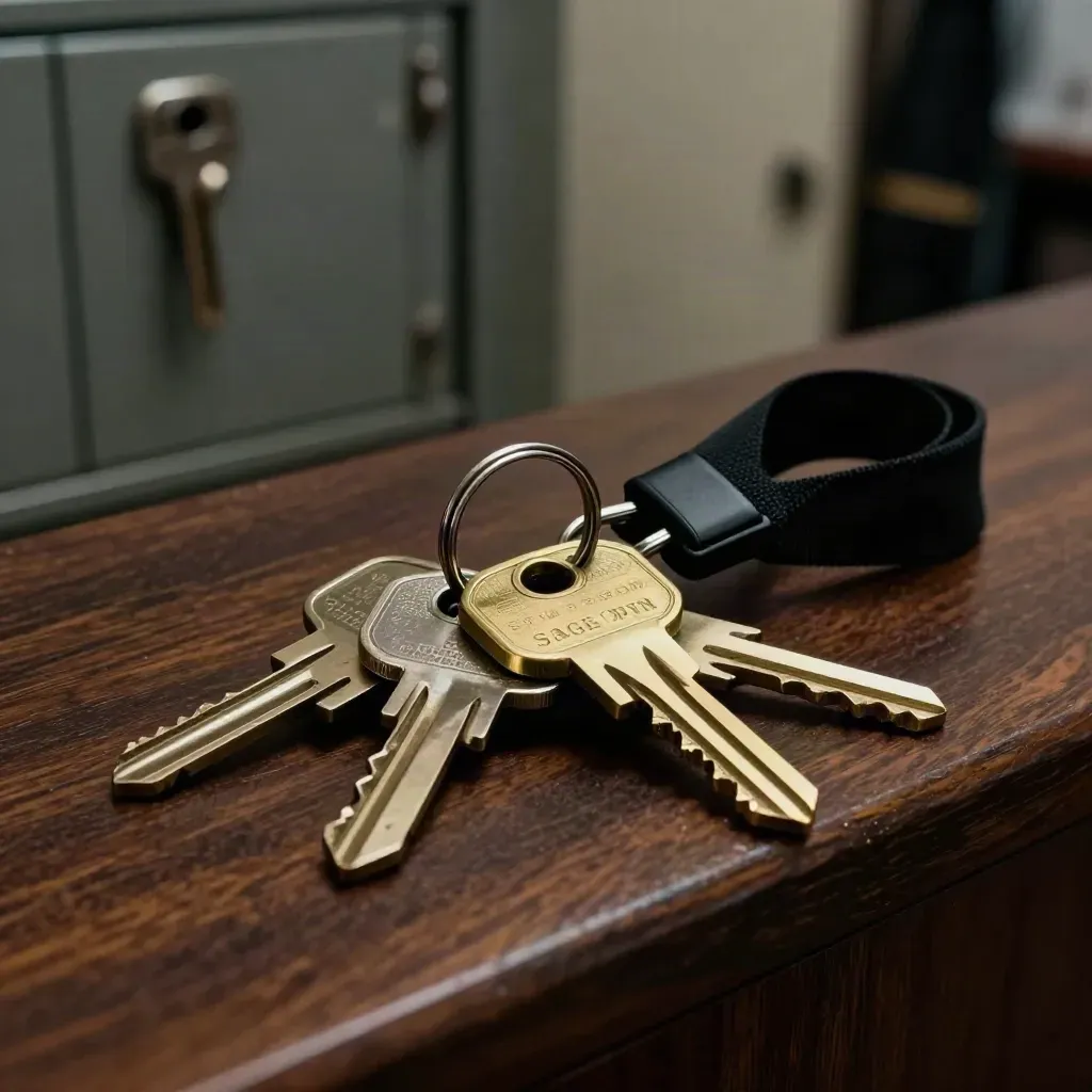 Venue keys, brass tags and a stage pass lanyard on a dark walnut counter with cyan glints.