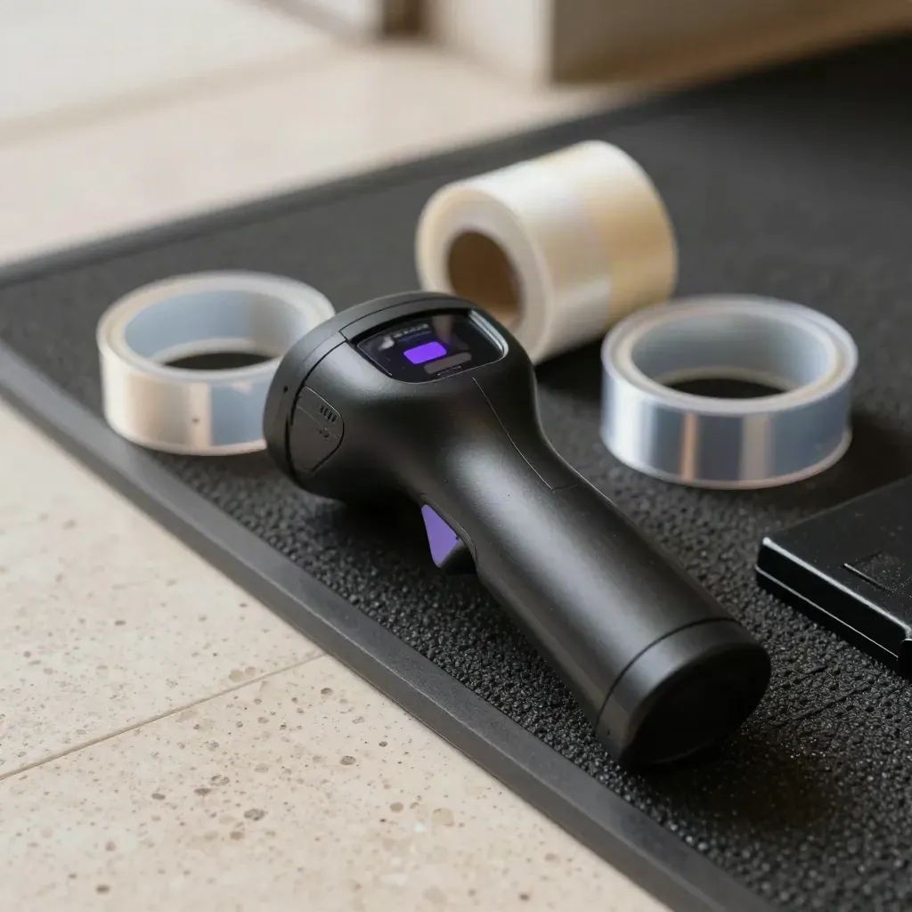RFID wristbands, access scanner and tap pad on a venue entry mat in crisp macro detail
