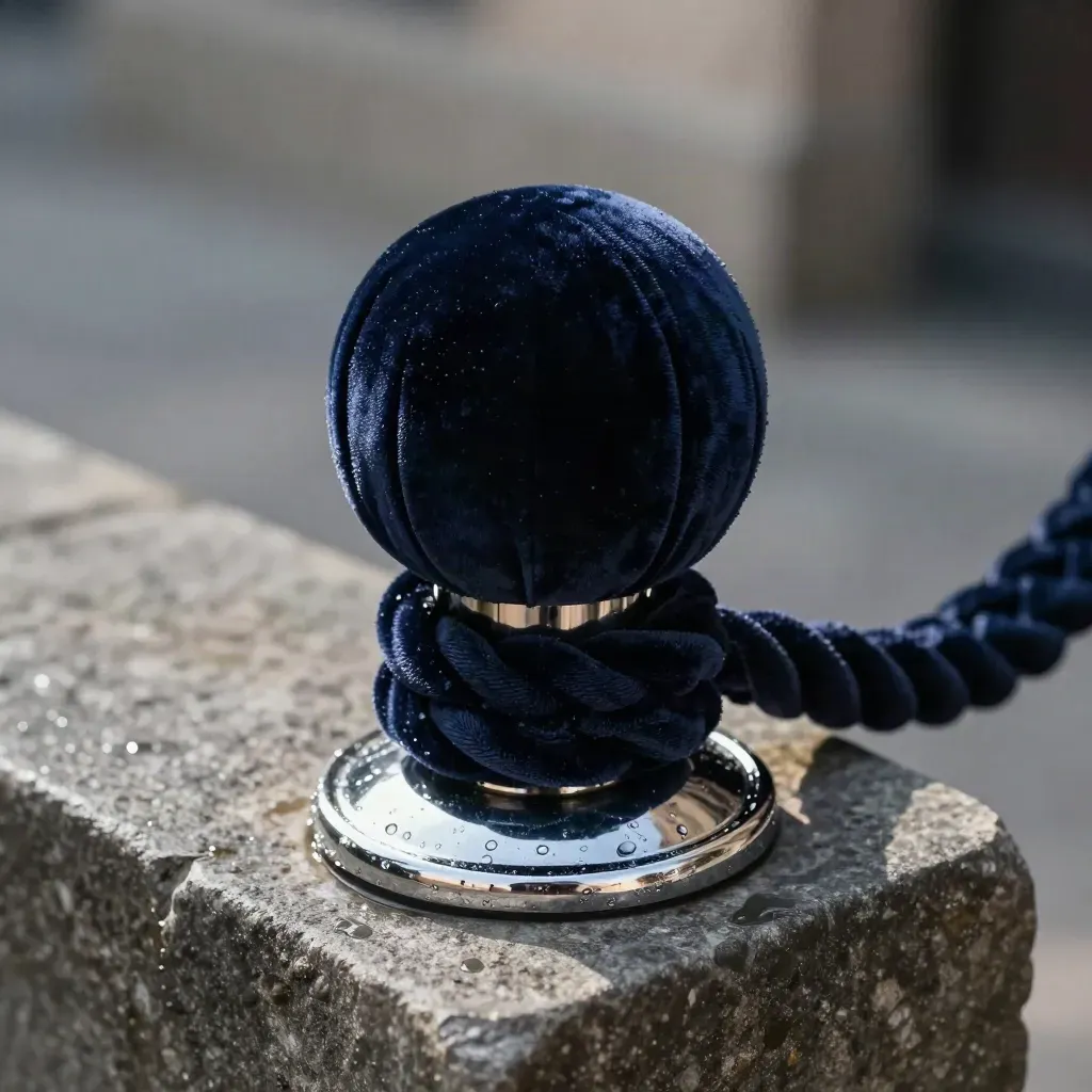 Braided velvet rope, chrome stanchion and frosted bucket rim on a stone ledge
