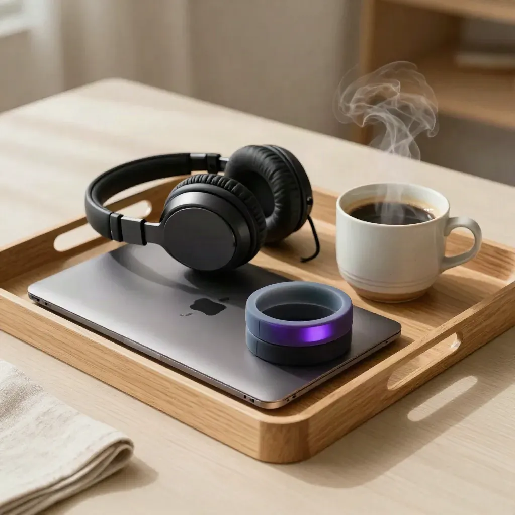 Service tray with closed laptop, headset, wristbands and steaming coffee on pale oak