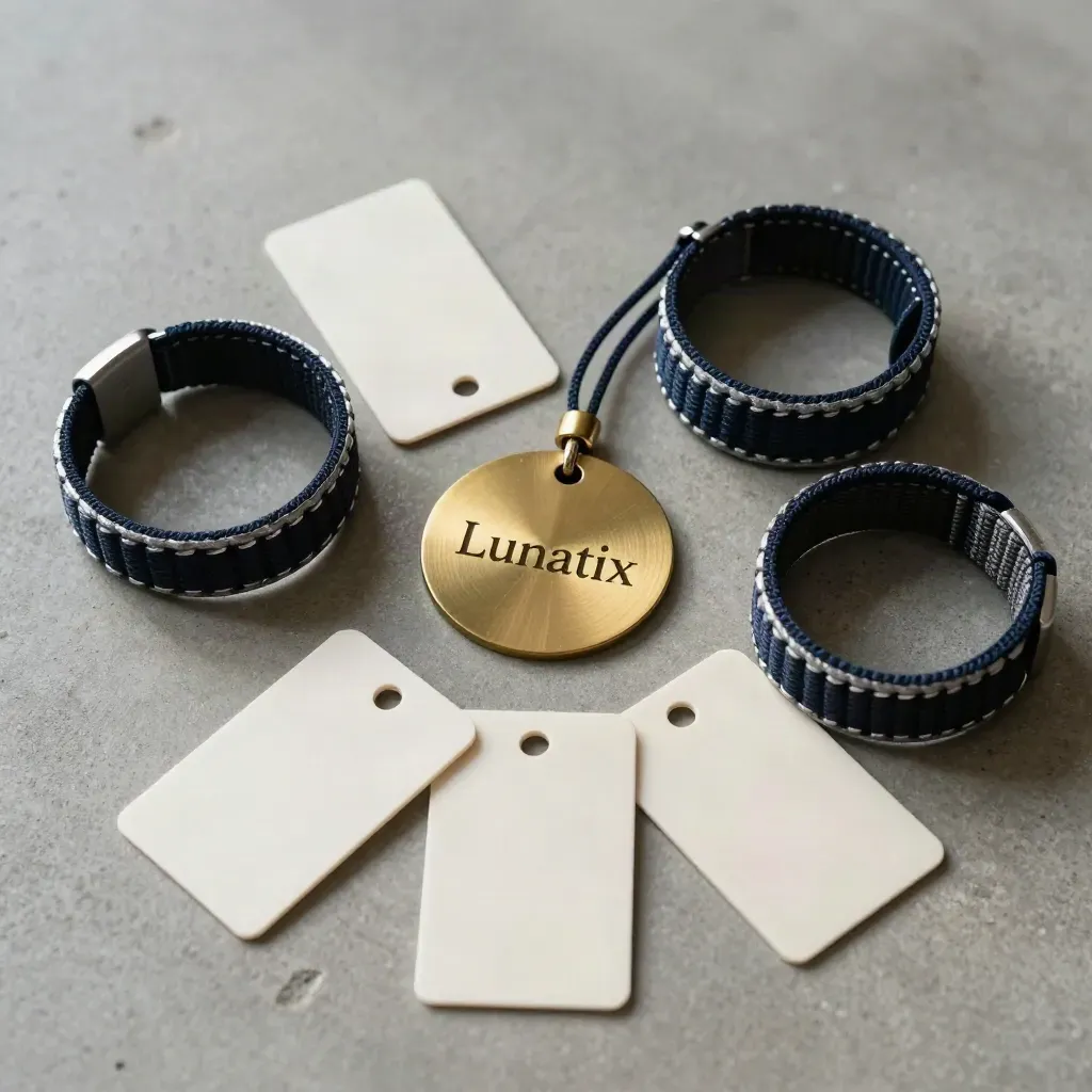 Overhead flatlay of wristbands, brass venue token and blank access tags on concrete.