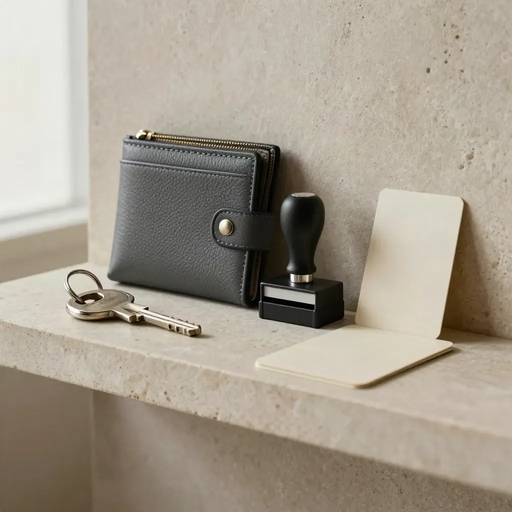 Stone shelf with ticket wallet, age stamp, venue key and folded access sleeve in soft side light.