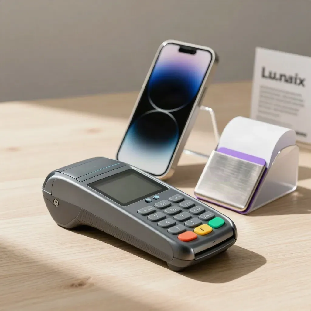 Payment terminal, phone and card sleeve on pale wood with soft daylight.