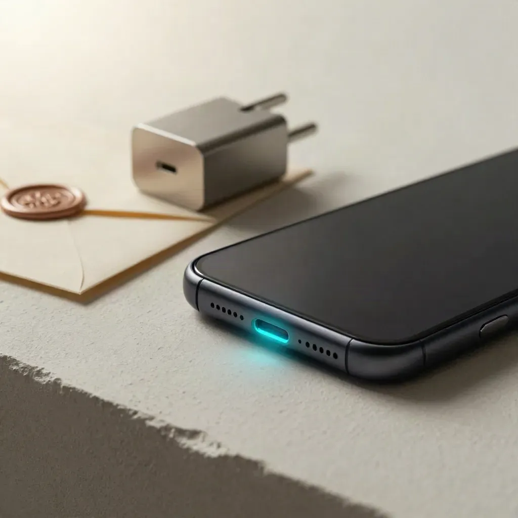 Glowing phone alert beside a sealed envelope and compact charger on pale plaster