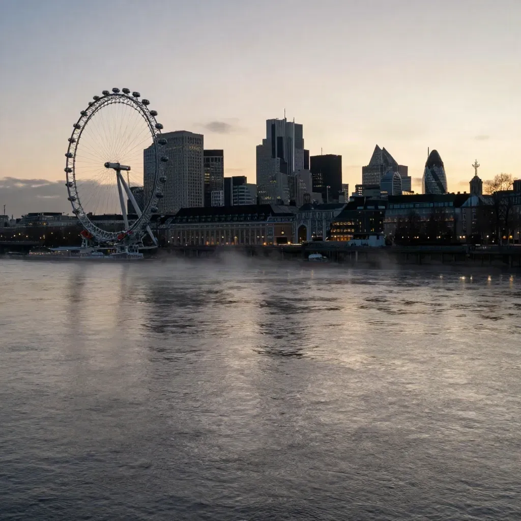 Thames at blue hour with South Bank skyline and ferris wheel silhouette over a misty river