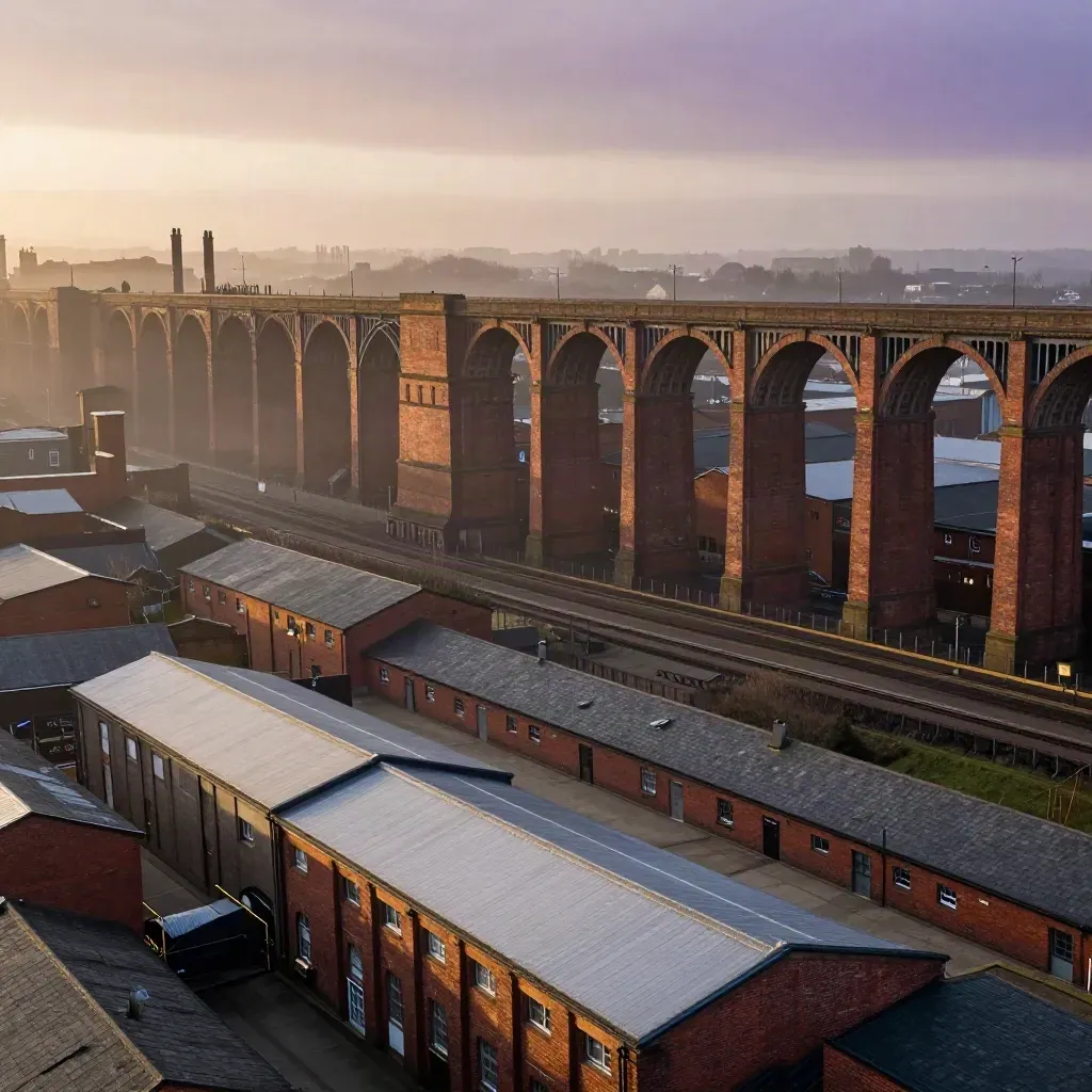 Golden-hour Manchester viaducts and warehouse roofs above a calm misty industrial foreground.