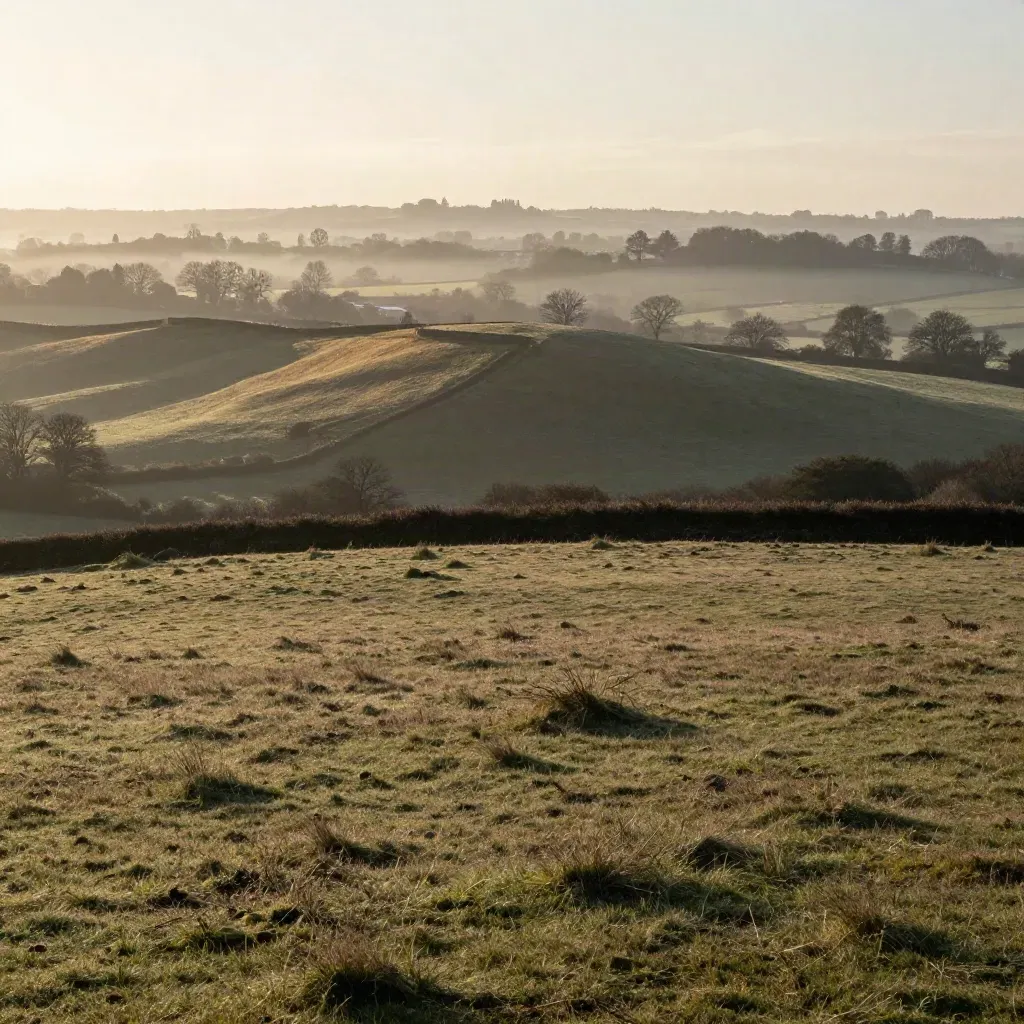 Mist over Lickey Hills above a distant West Midlands city edge and calm meadow foreground.