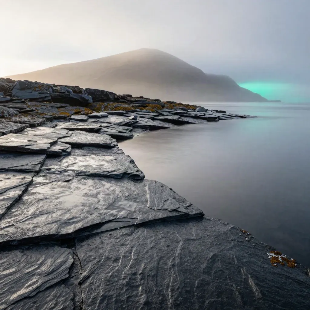 Slate shoreline at dawn with Highland ridge and misty reflective water, calm lower space for copy.